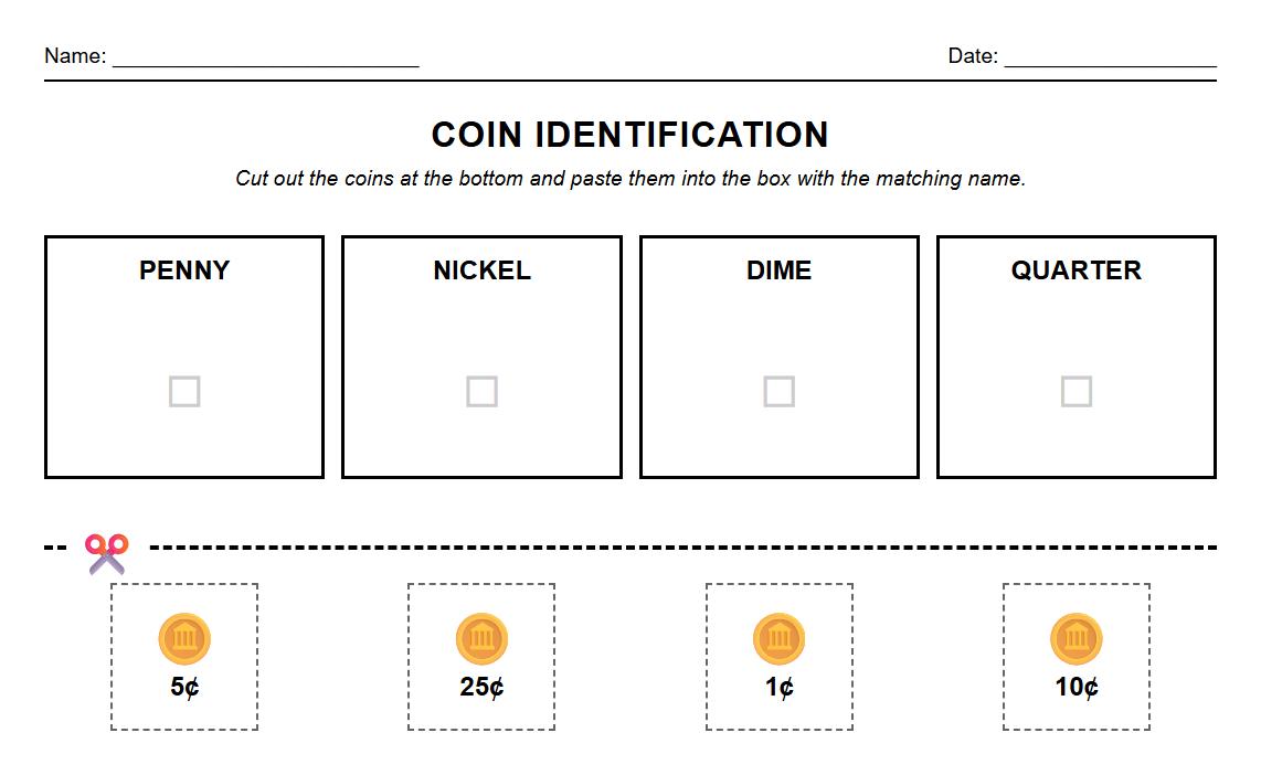 Coin Identification Cut and Paste Activity using denomination symbols