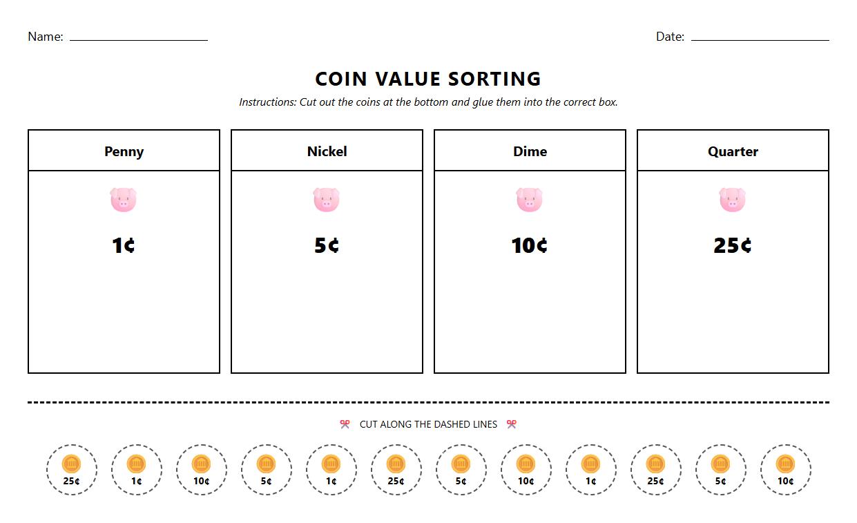 Coin Value Sorting Activity Sheet