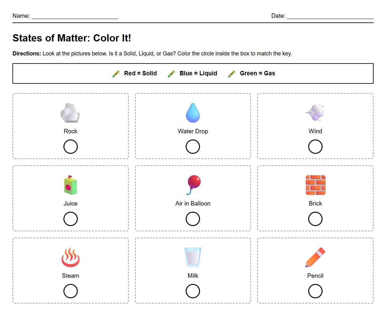 Color Coding Solid Liquid Gas Properties Activity