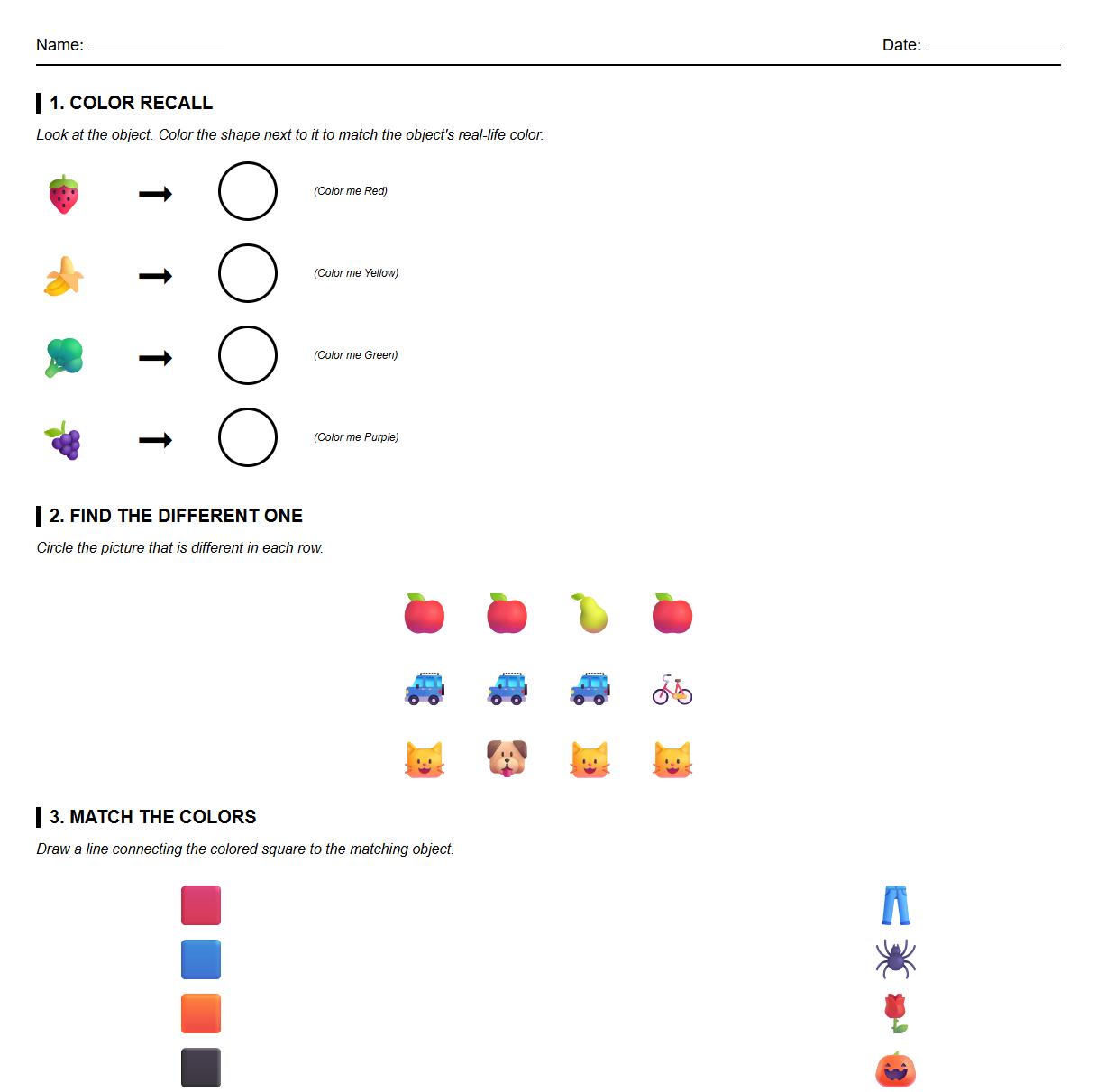 Color Differentiation Visual Discrimination Worksheet