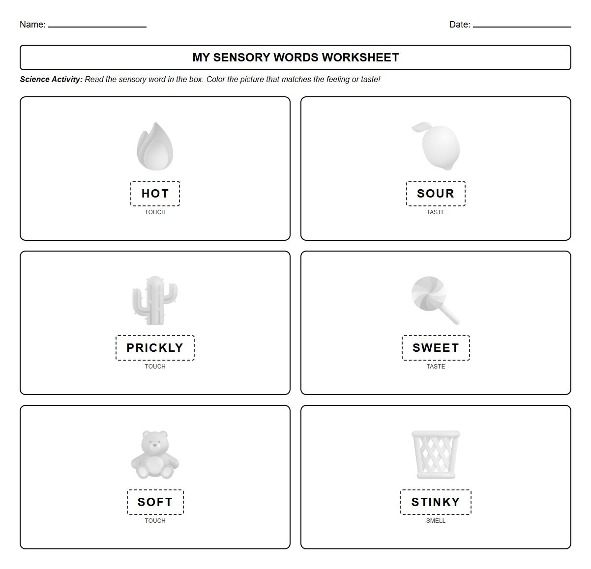 Color the Picture According to the Sensory Words Worksheet