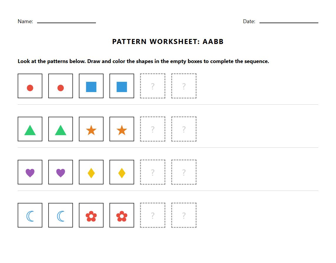 Color Sequencing AABB Pattern Worksheet for Early Learners