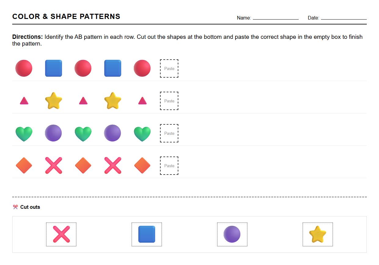 Color and Shape Sorting AB Pattern Worksheet