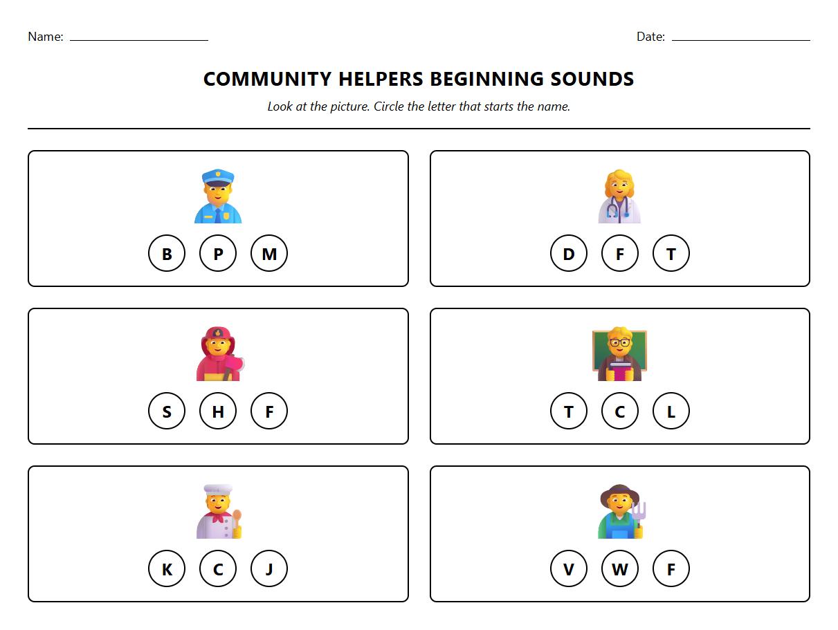 Community Helpers Beginning Sounds Worksheet