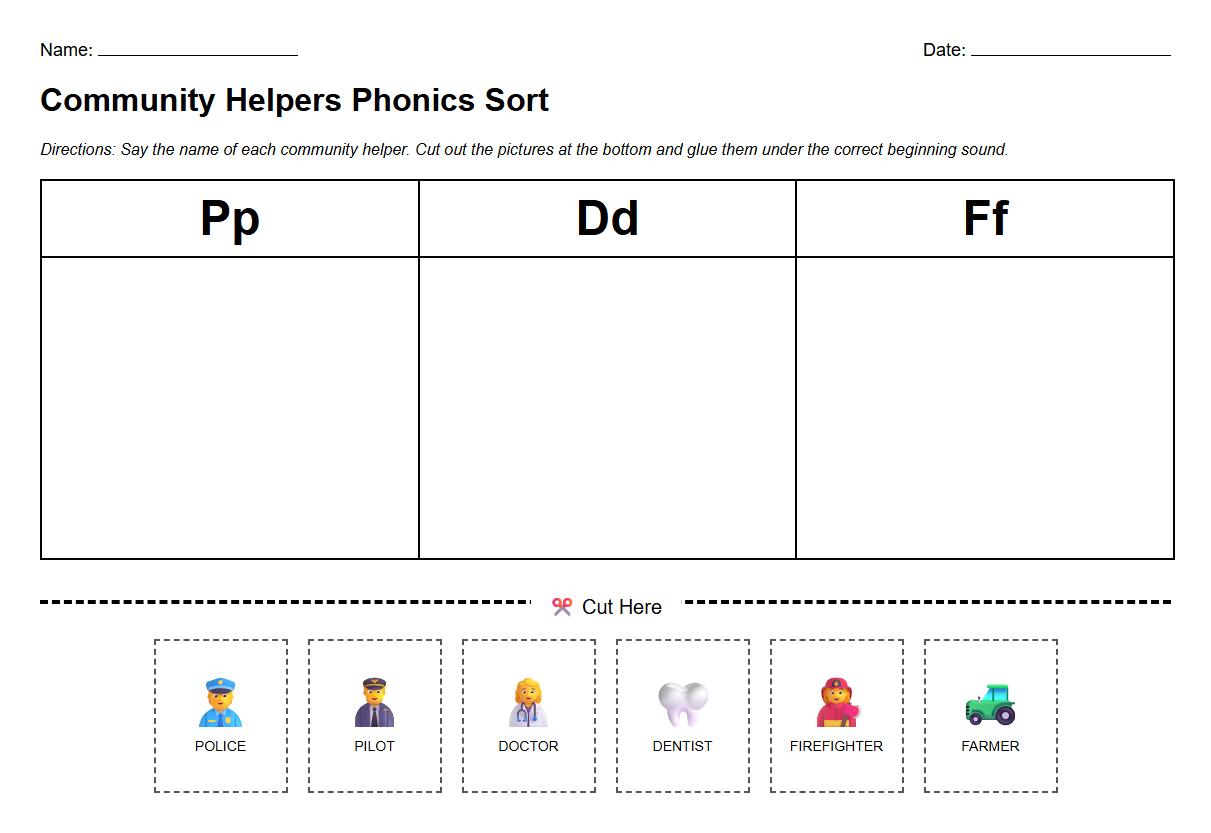 Community Helpers Phonics Sorting Worksheet