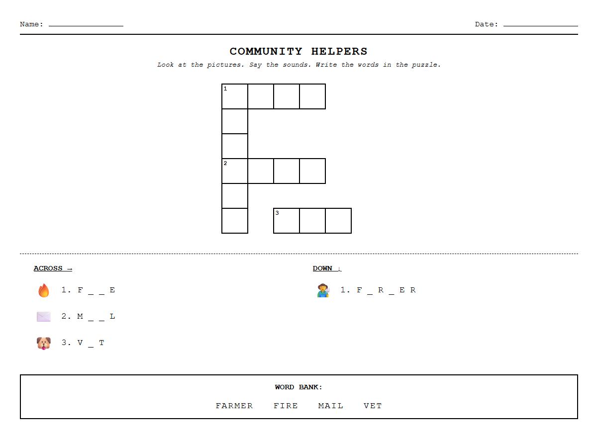 Community Helpers Vocabulary Crossword Emphasizing Phonics Practice