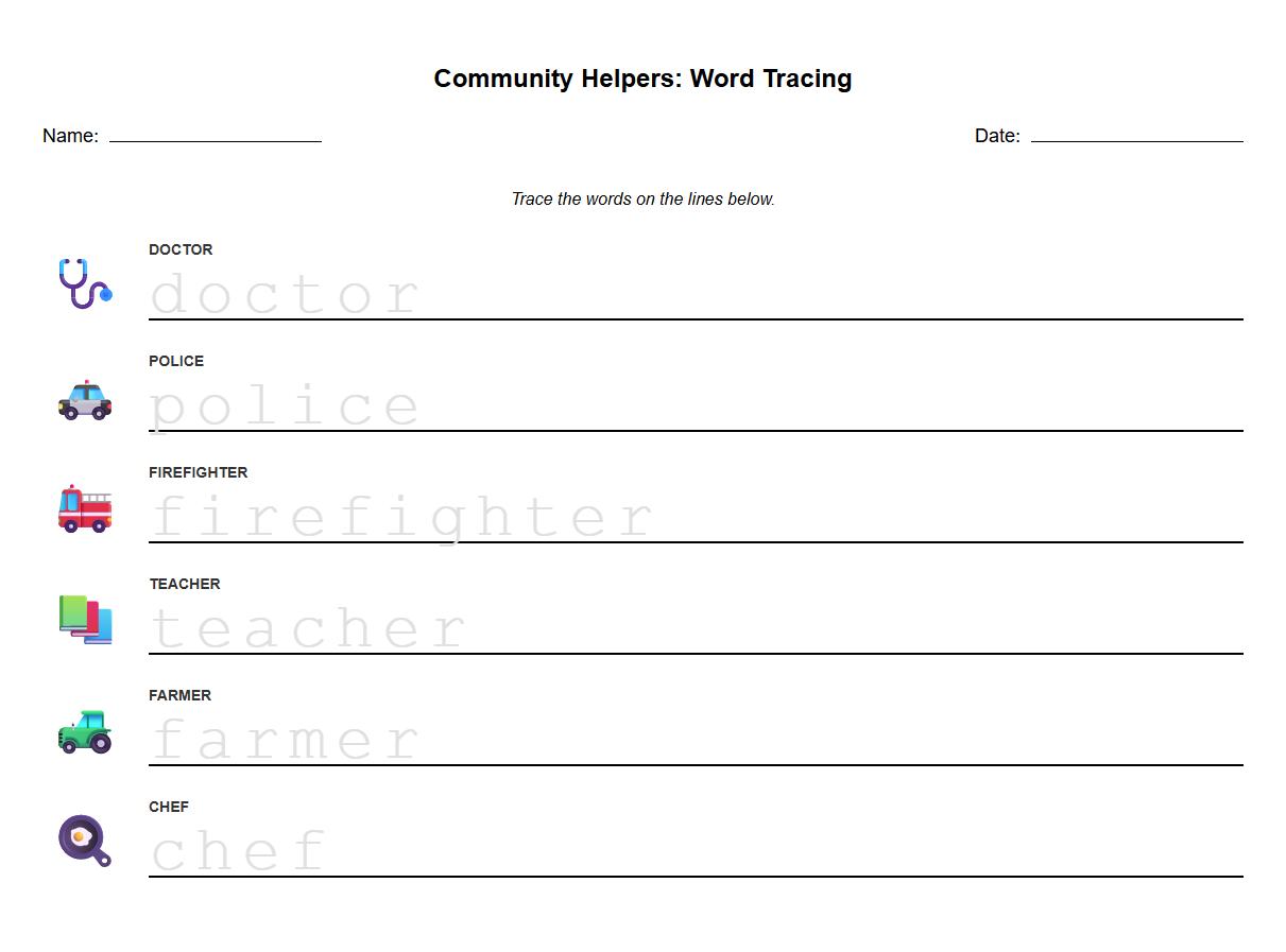 Community Helpers Word Tracing for Phonics Practice