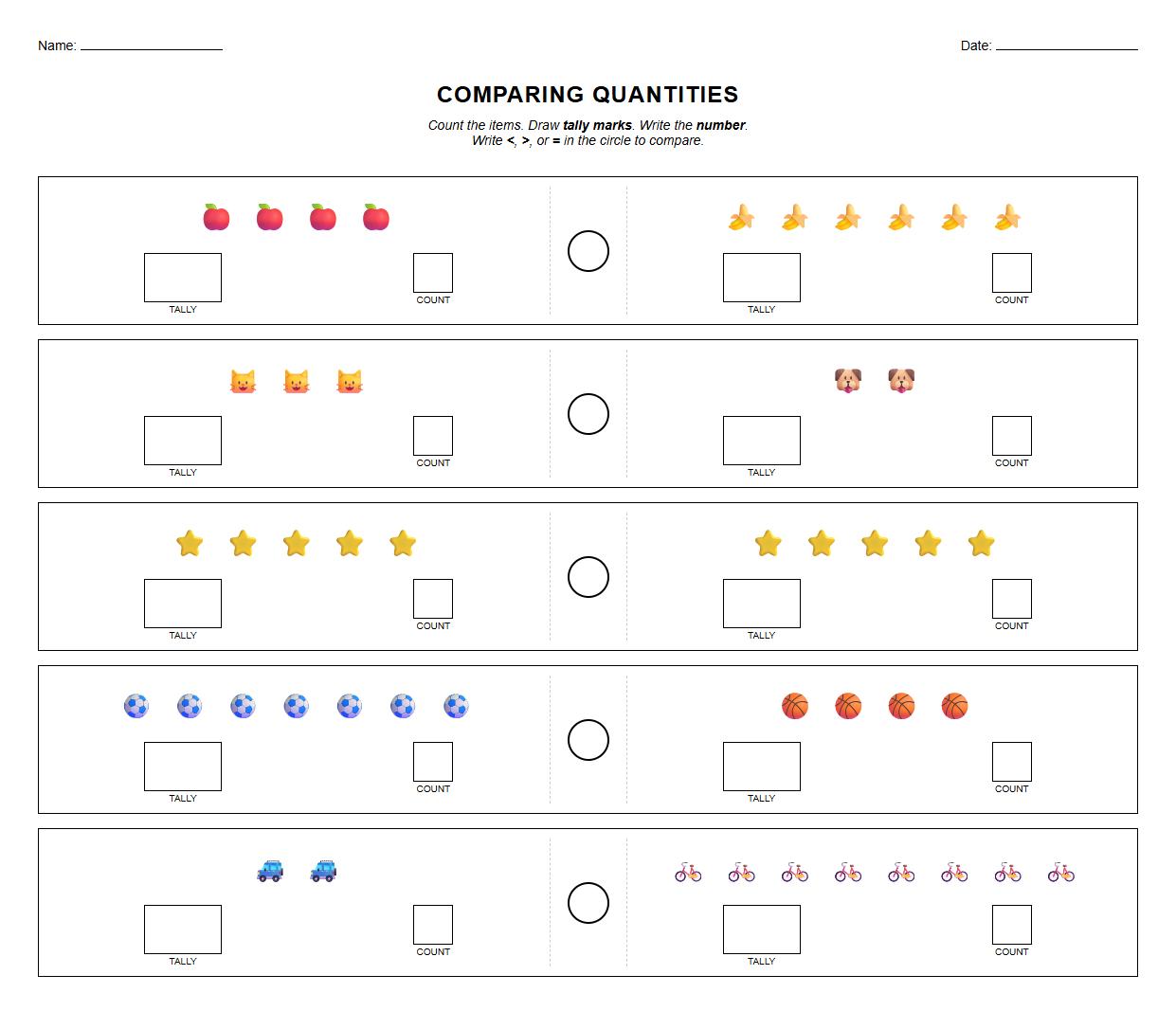 Compare Quantities using Tally Marks and Picture Charts Worksheet