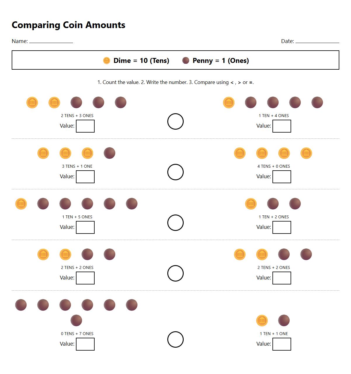 Comparing Coin Amounts Using Place Value Strategies Worksheet