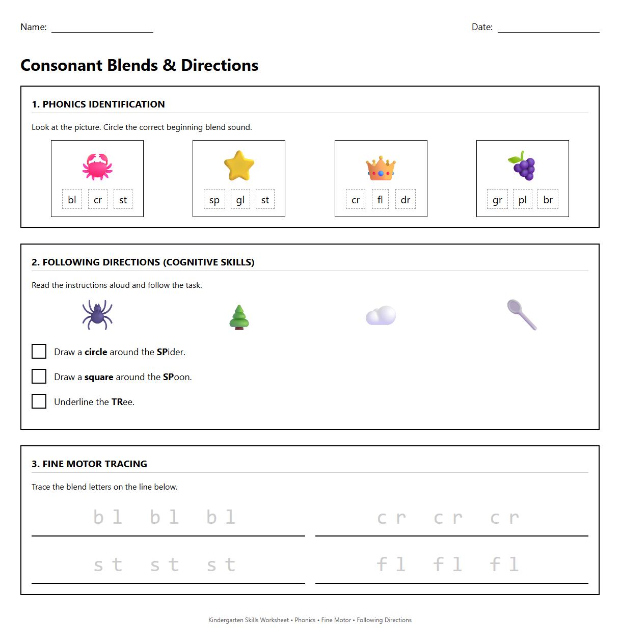 Consonant Blends Phonics Worksheet for Following Directions