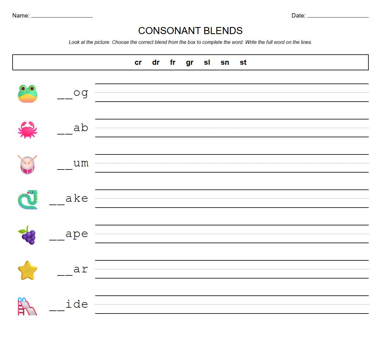 Consonant Blends Read and Write Phonics Worksheet