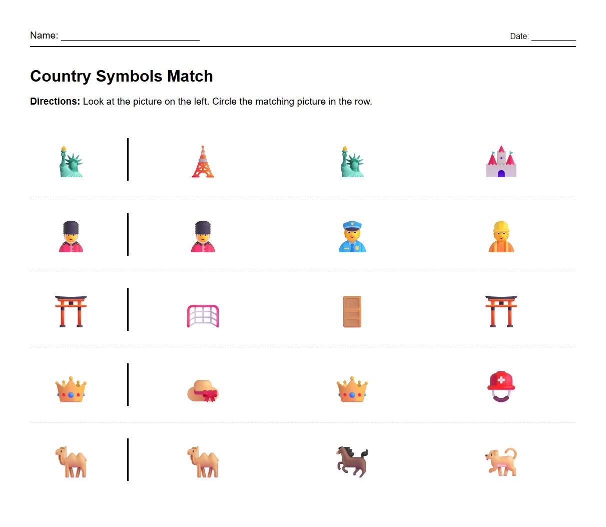 Country Symbols Visual Discrimination Activity Worksheet