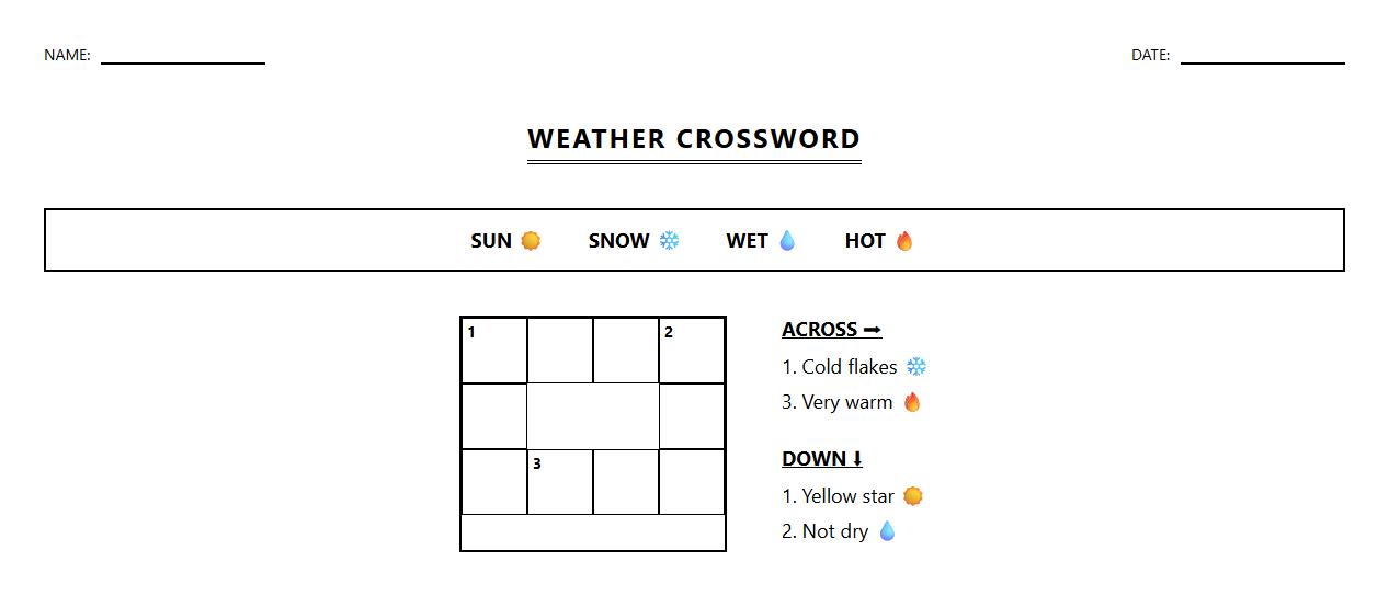 Crossword Puzzle for Weather Related Vocabulary