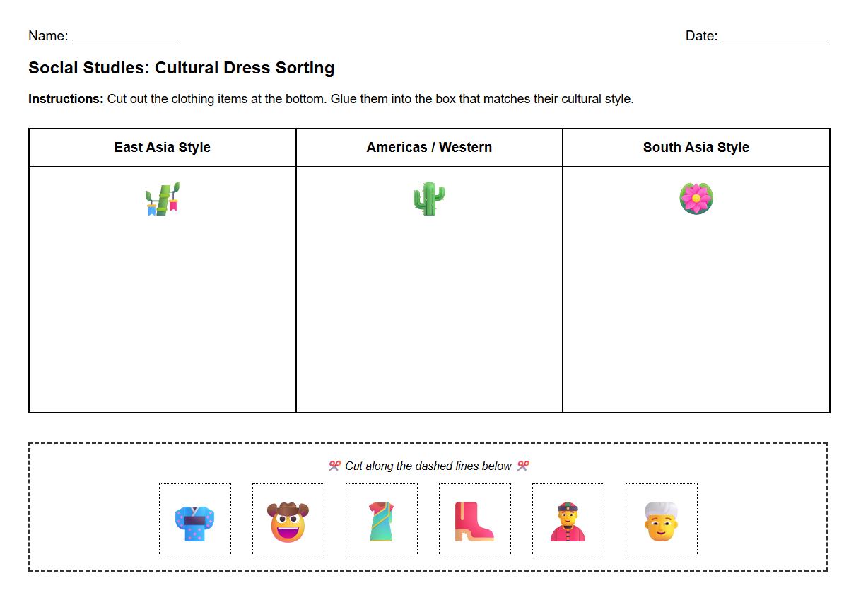 Cultural Dress Symbol Visual Sorting Worksheet for Kindergarten