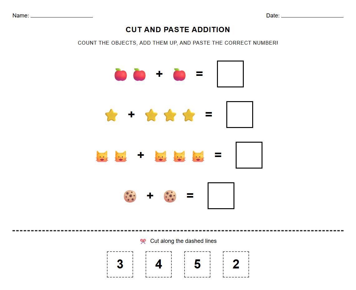 Cut and Paste Addition Problem Solving Worksheet for Kindergarten