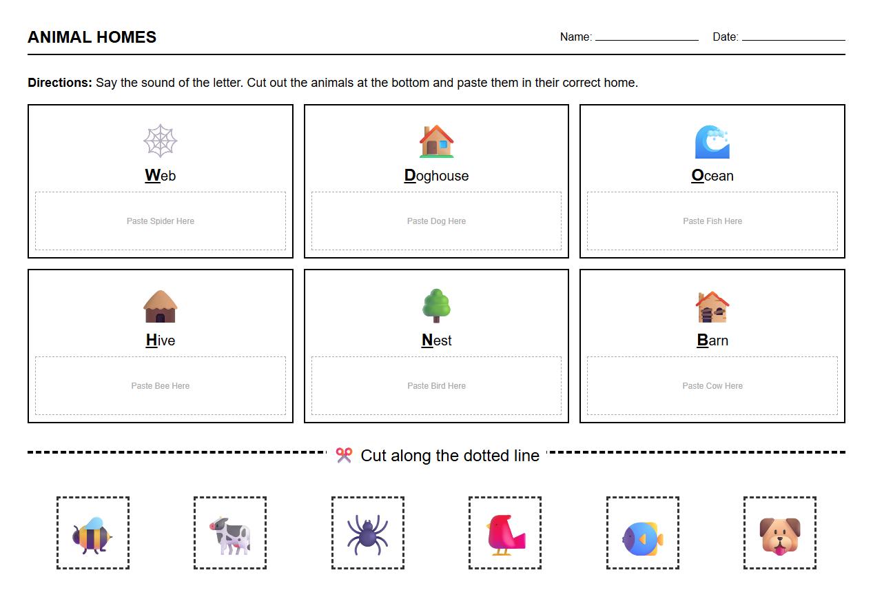 Cut and Paste Animal Home Phonics Worksheet