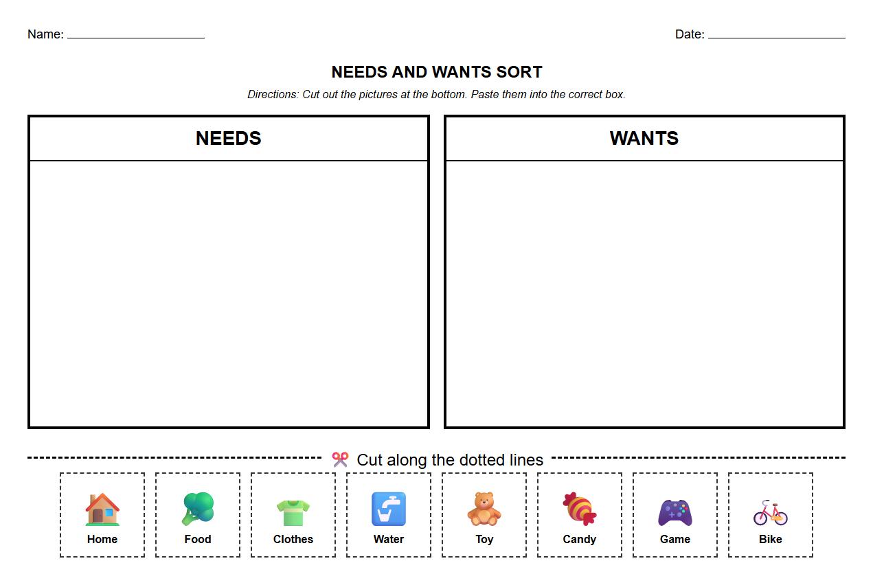 Cut and Paste Needs and Wants Vocabulary Matching Sheet