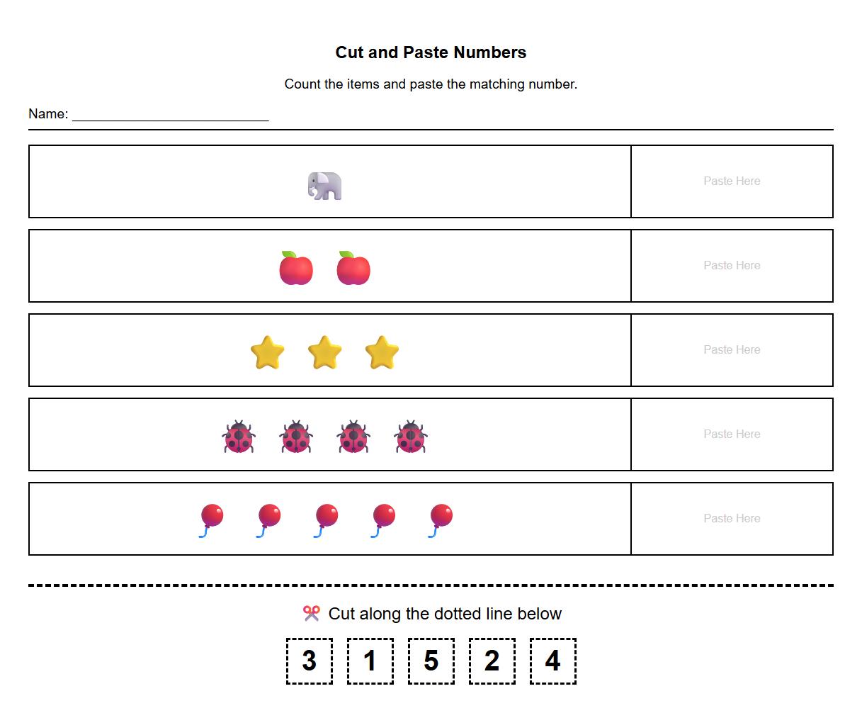 Cut and Paste Numbers Worksheet for Math Readiness Skills