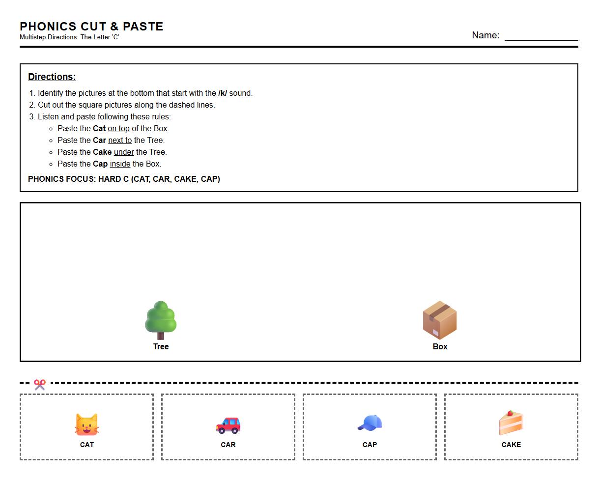 Cut and Paste Phonics Following Multistep Directions