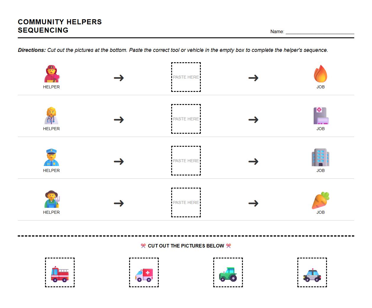 Cut and Paste Sequencing Activity for Community Helpers Roles