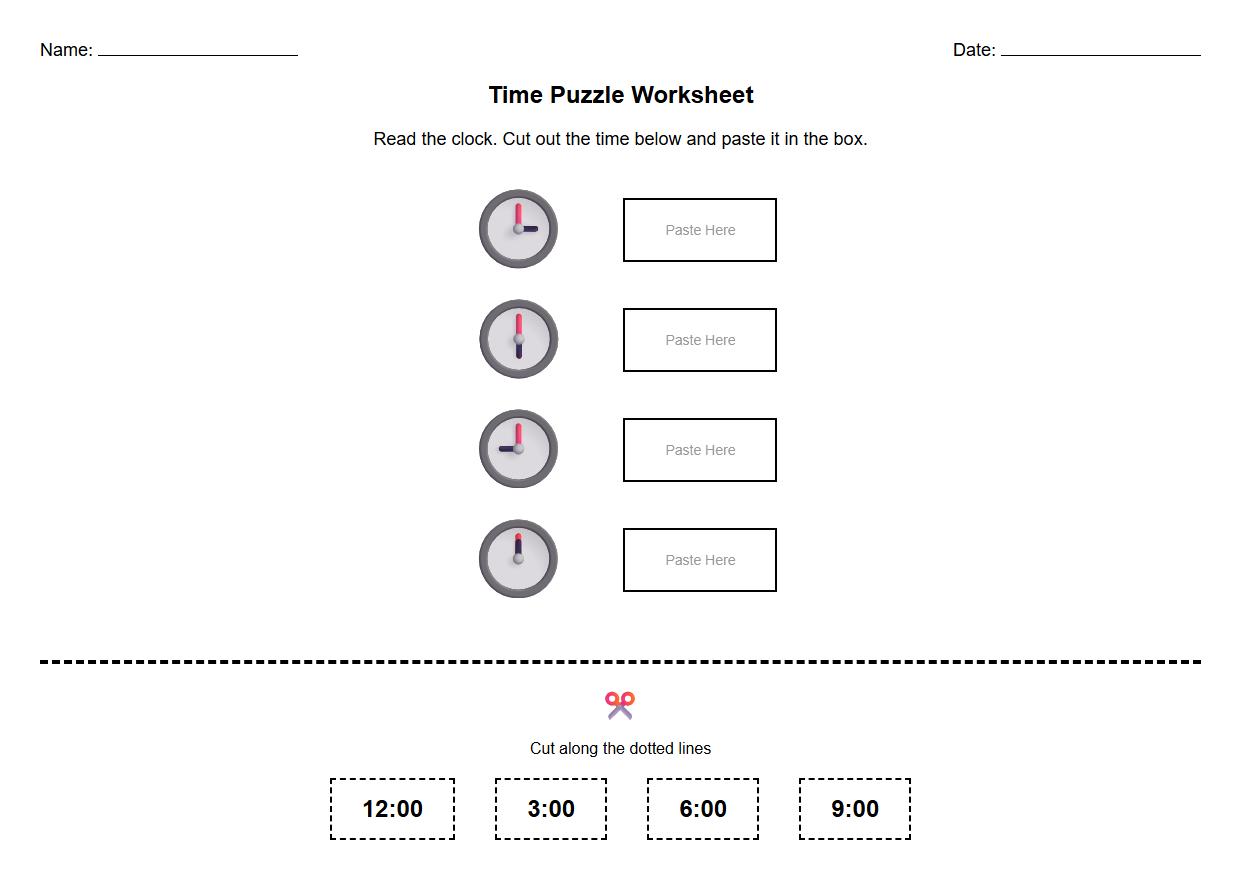 Cut and Paste Time Puzzle Worksheet
