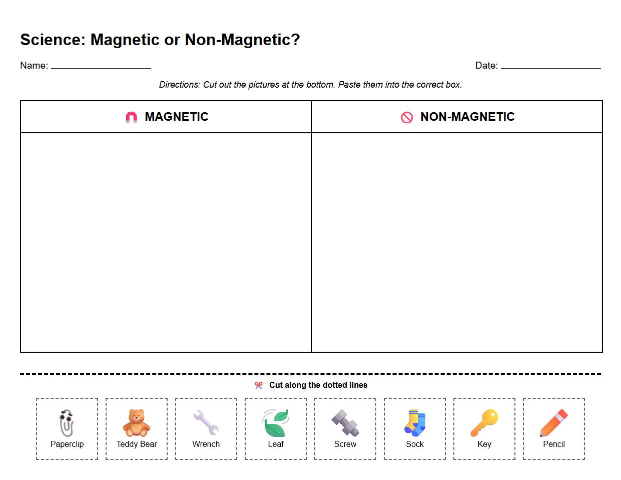 Cut and paste worksheet for classifying magnetic and nonmagnetic materials