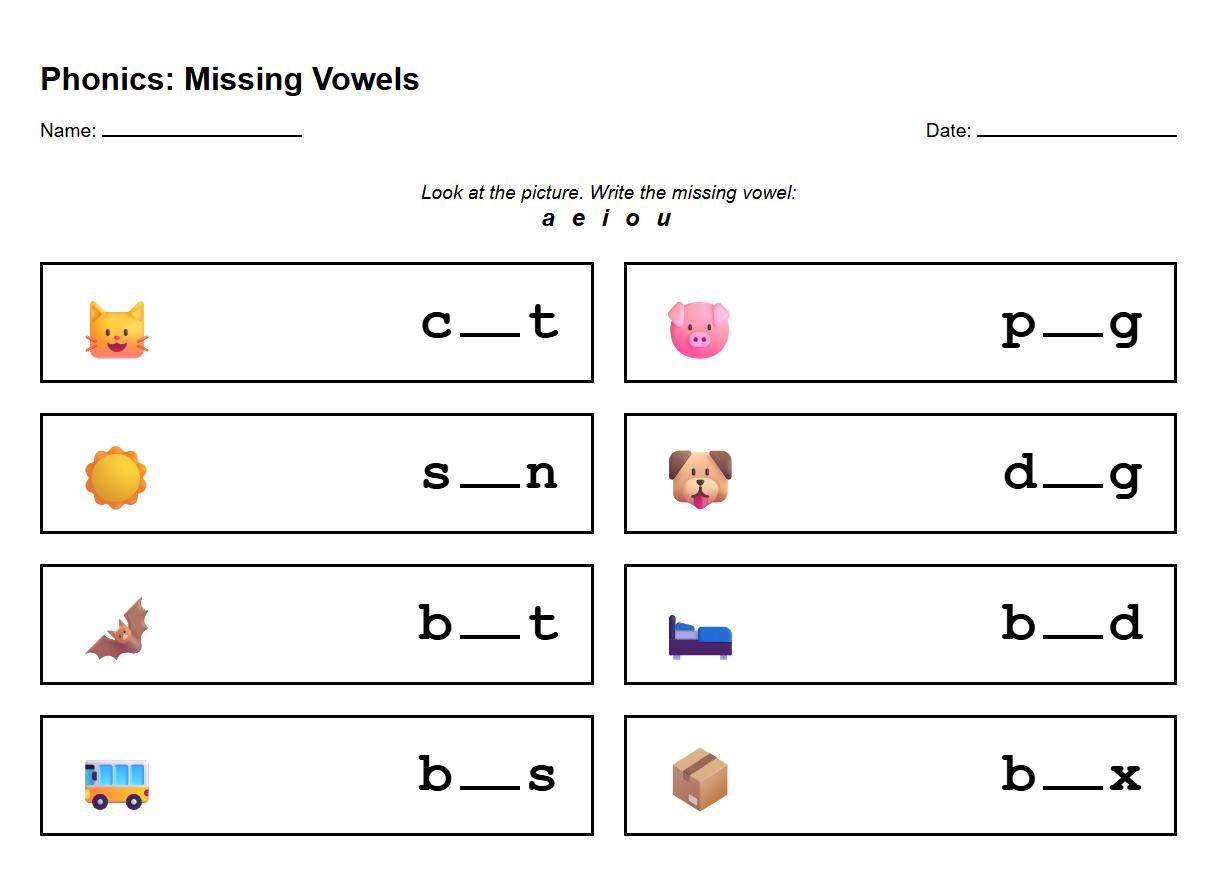 CVC Missing Vowel Phonics Worksheet