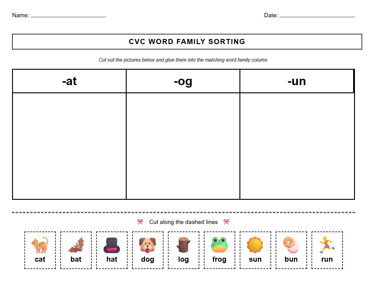 CVC Word Family Sorting Phonics Worksheet Activity