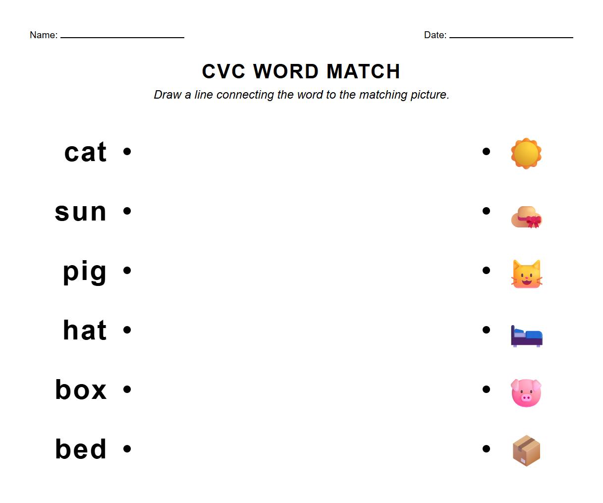 CVC Word and Image Visual Discrimination Matching Worksheet Phonics