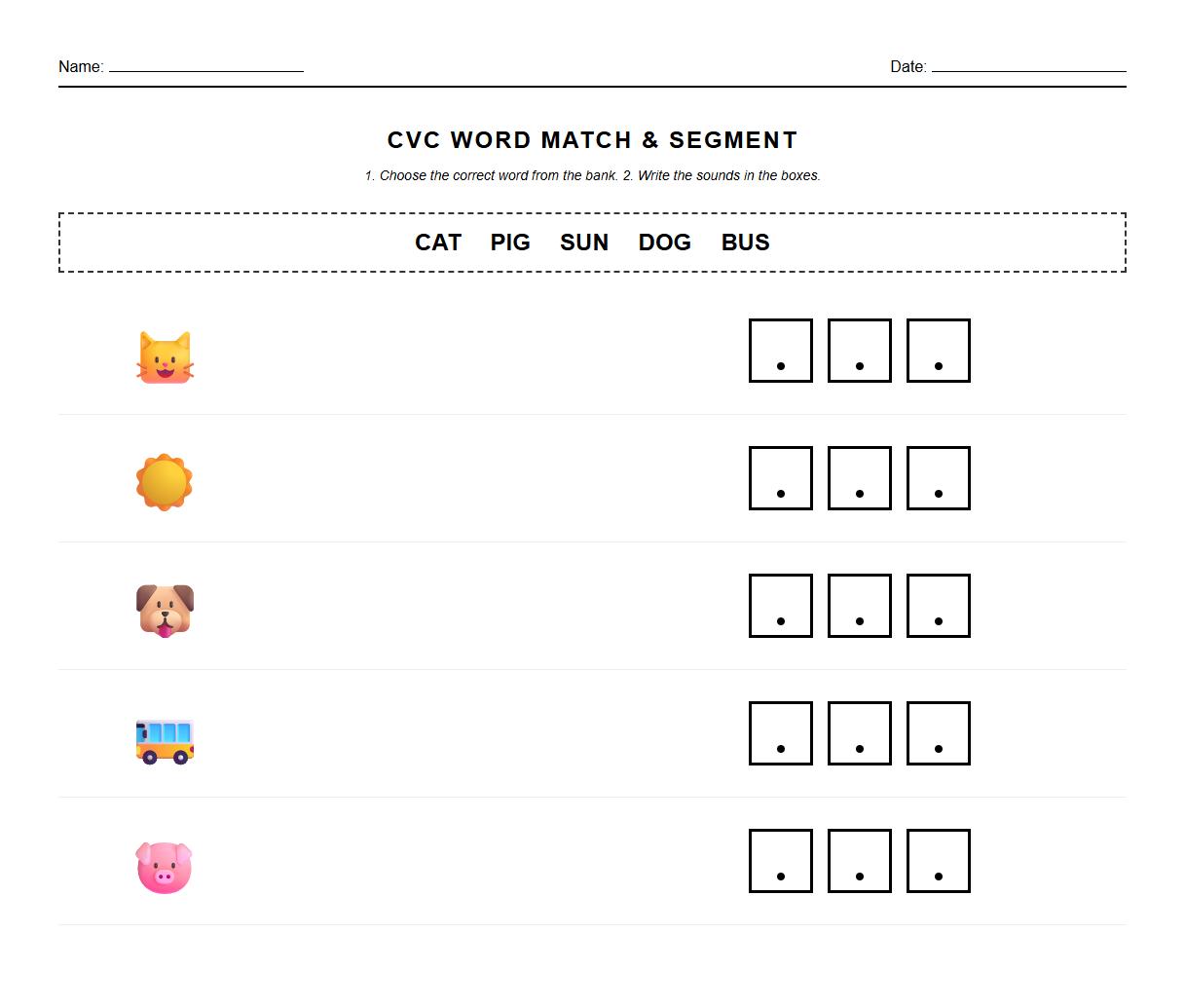 CVC word matching with corresponding phoneme segmentation