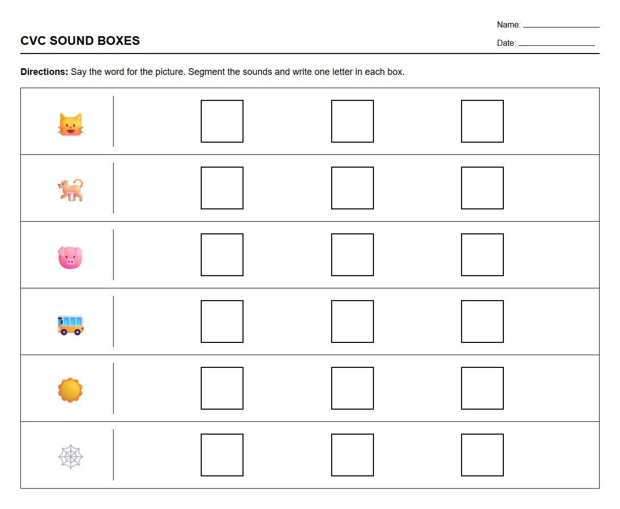 CVC Words Blending and Segmenting Practice Sheet