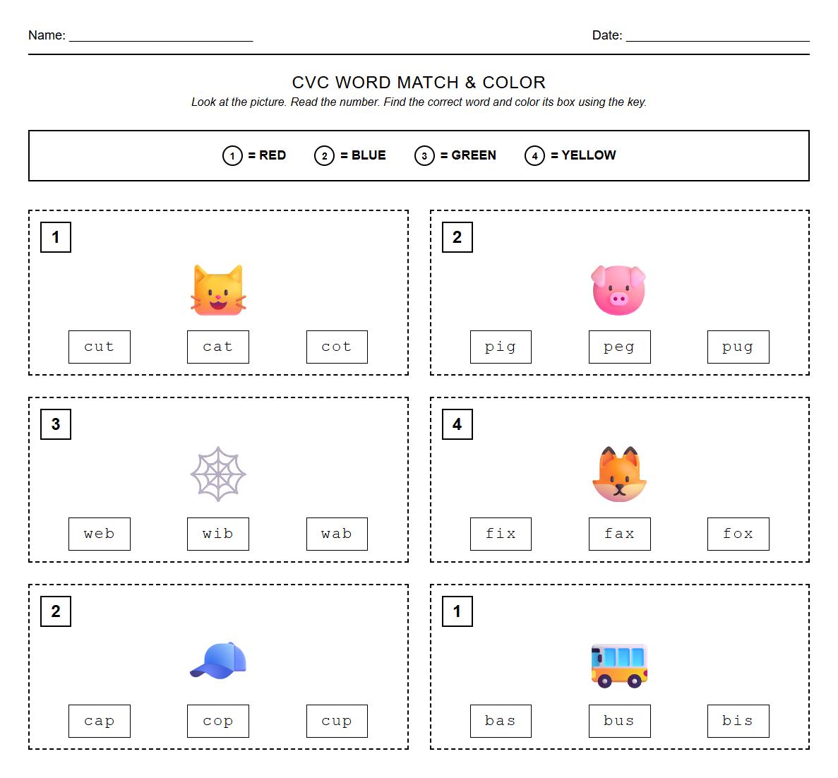 CVC Words Matching Color by Number Worksheet