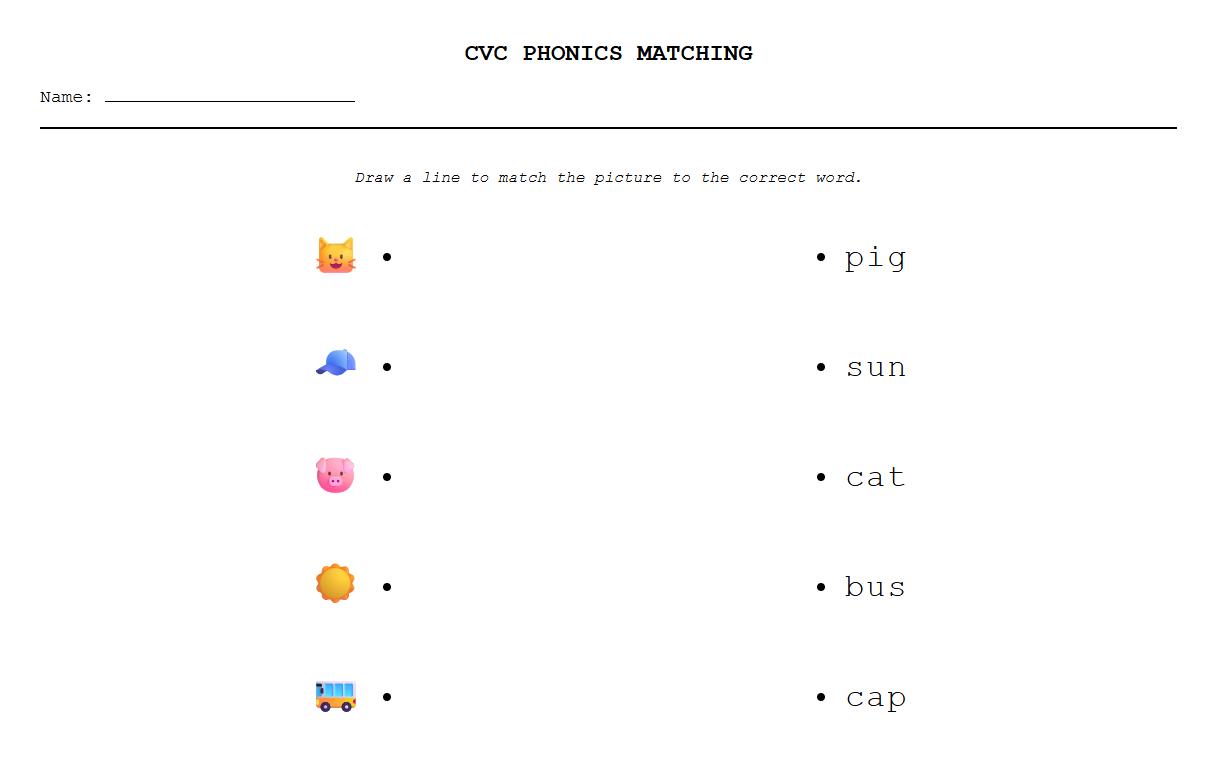 CVC Words Phonics Matching Sheet