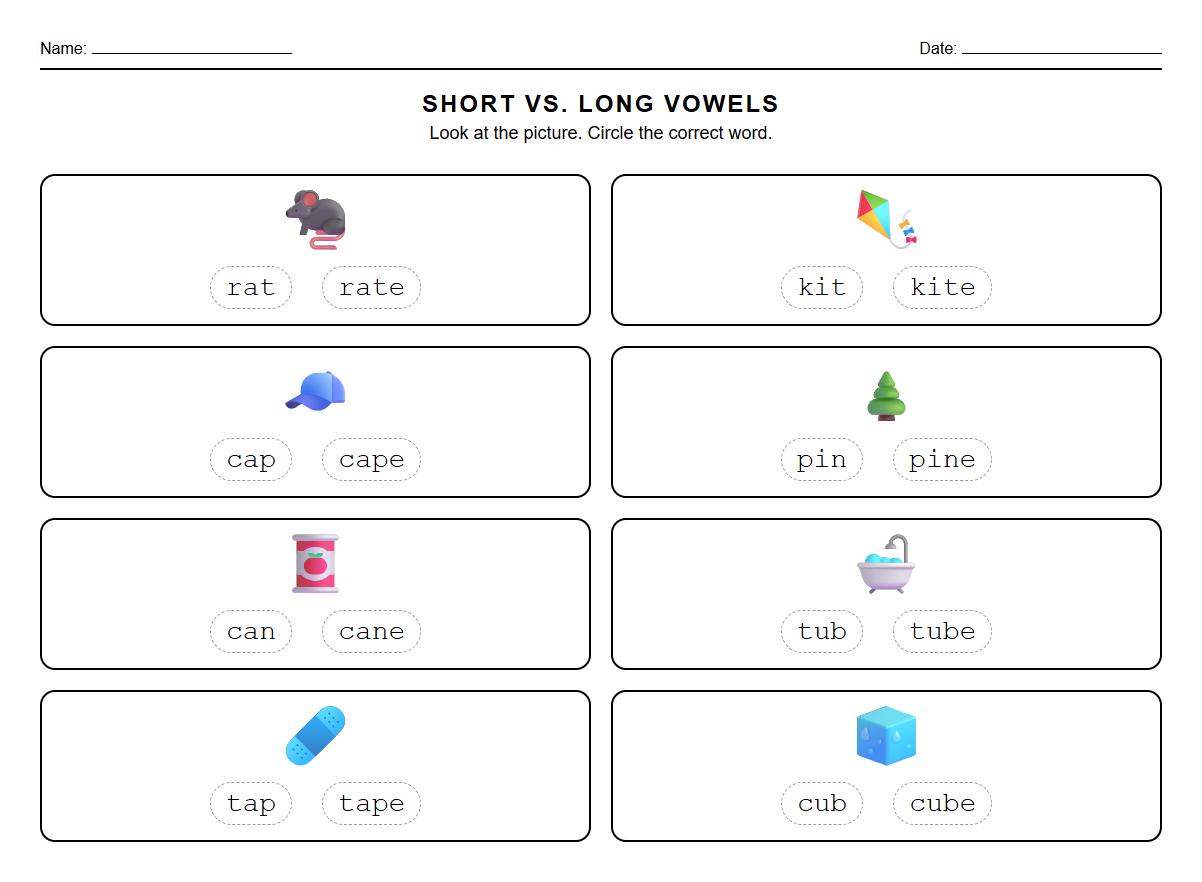 CVCe vs CVC word comparison phonics worksheet