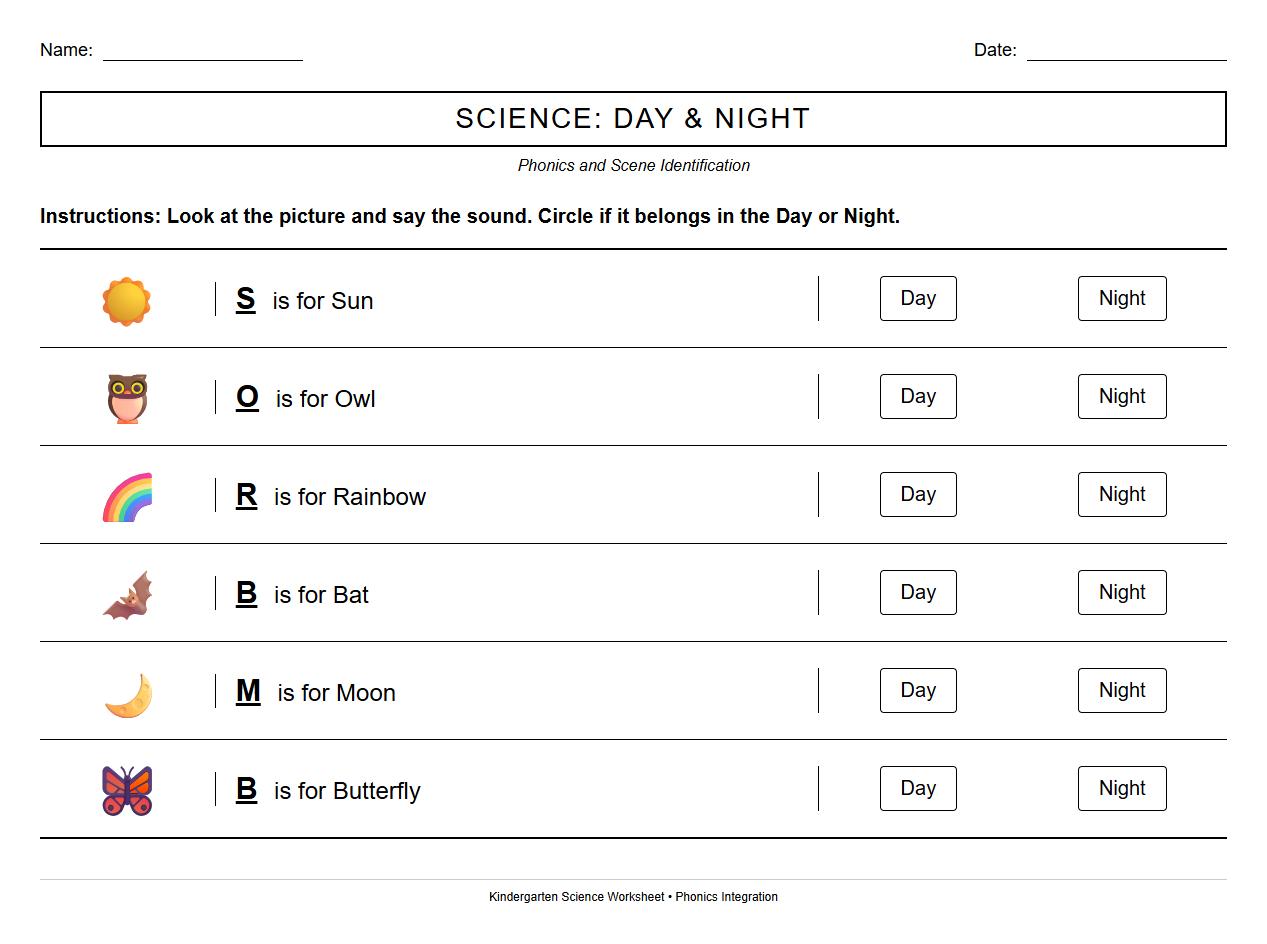 Day and Night Scene Identification Using Phonics Clues Worksheet