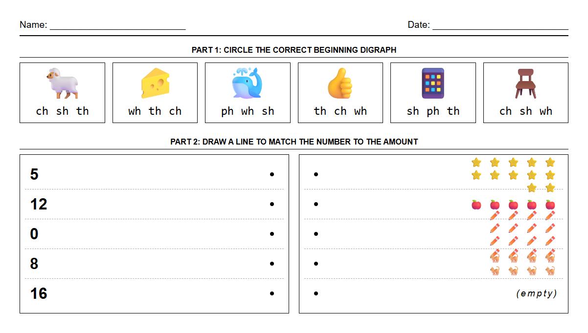 Digraph Identification Phonics and Number Matching 0 to 20 Worksheet