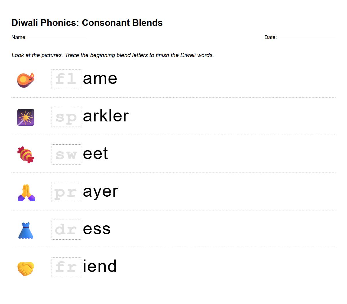 Diwali consonant blend tracing