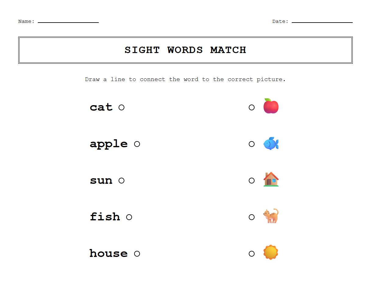 Dolch Sight Words Matching Phonics Worksheet