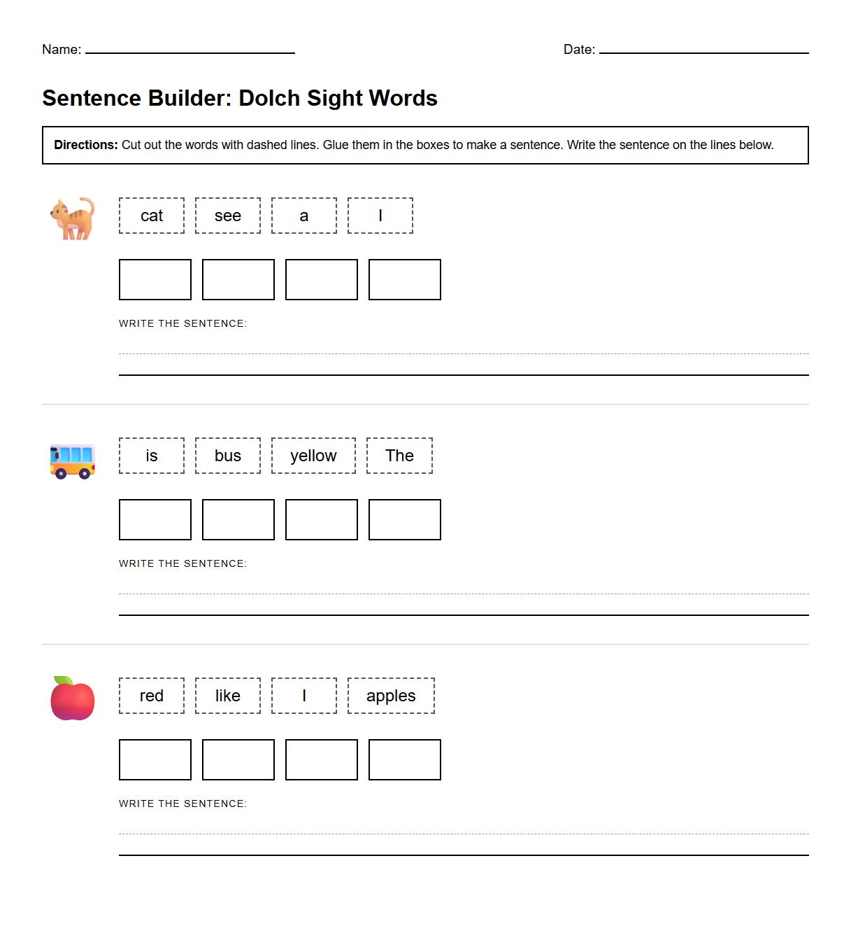 Dolch Sight Words Sentence Construction Worksheet