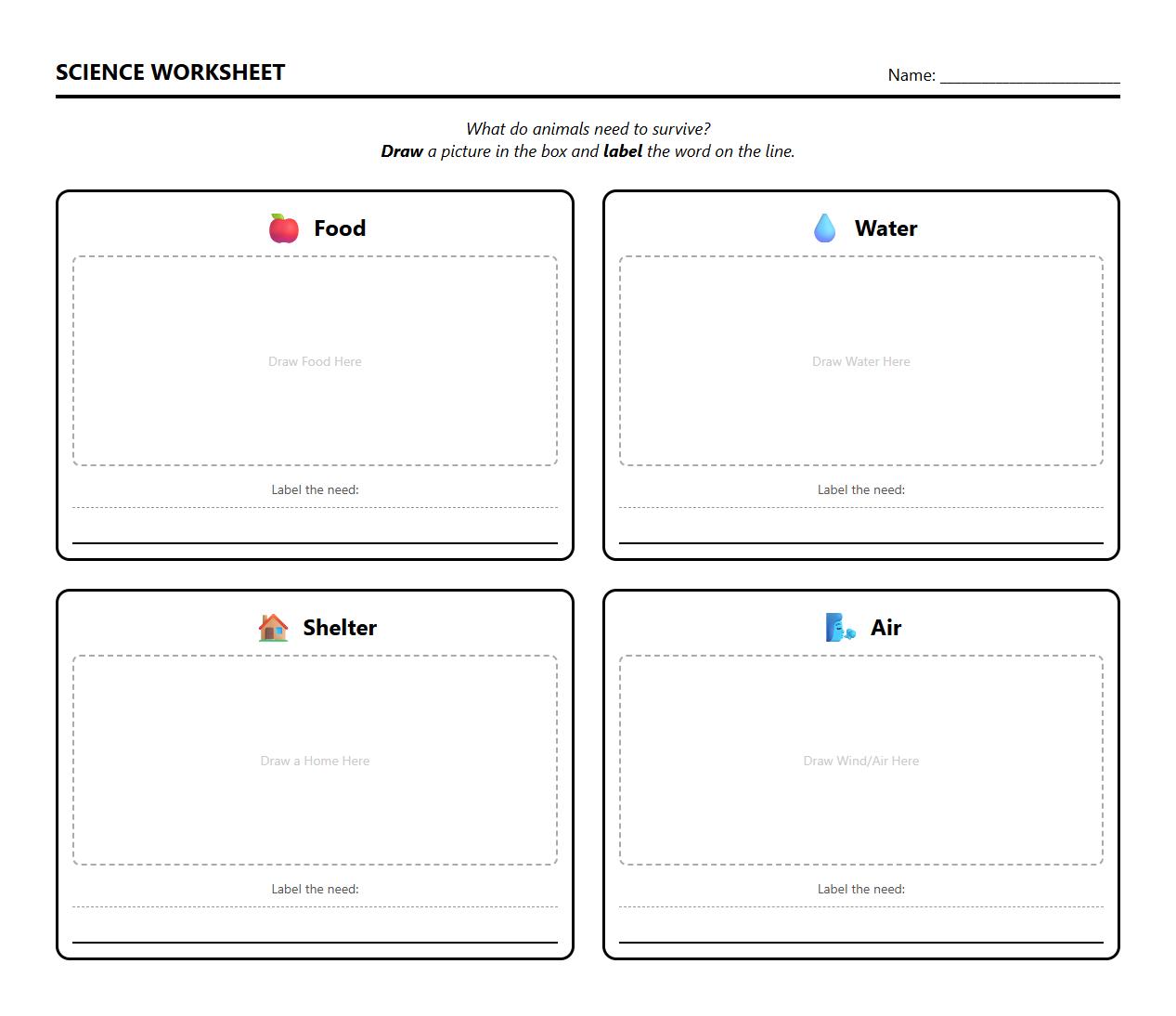 Draw and Label What Animals Need for Survival Chart
