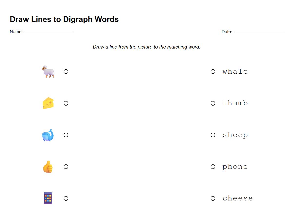 Draw Lines to Digraph Words Activity Sheet