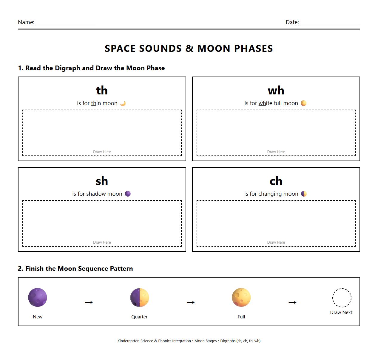 Draw and Sequence Worksheet Combining Phonics Digraphs and Moon Stages