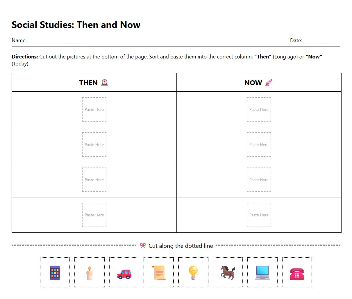 Early Learning Cut and Paste Then and Now Activities