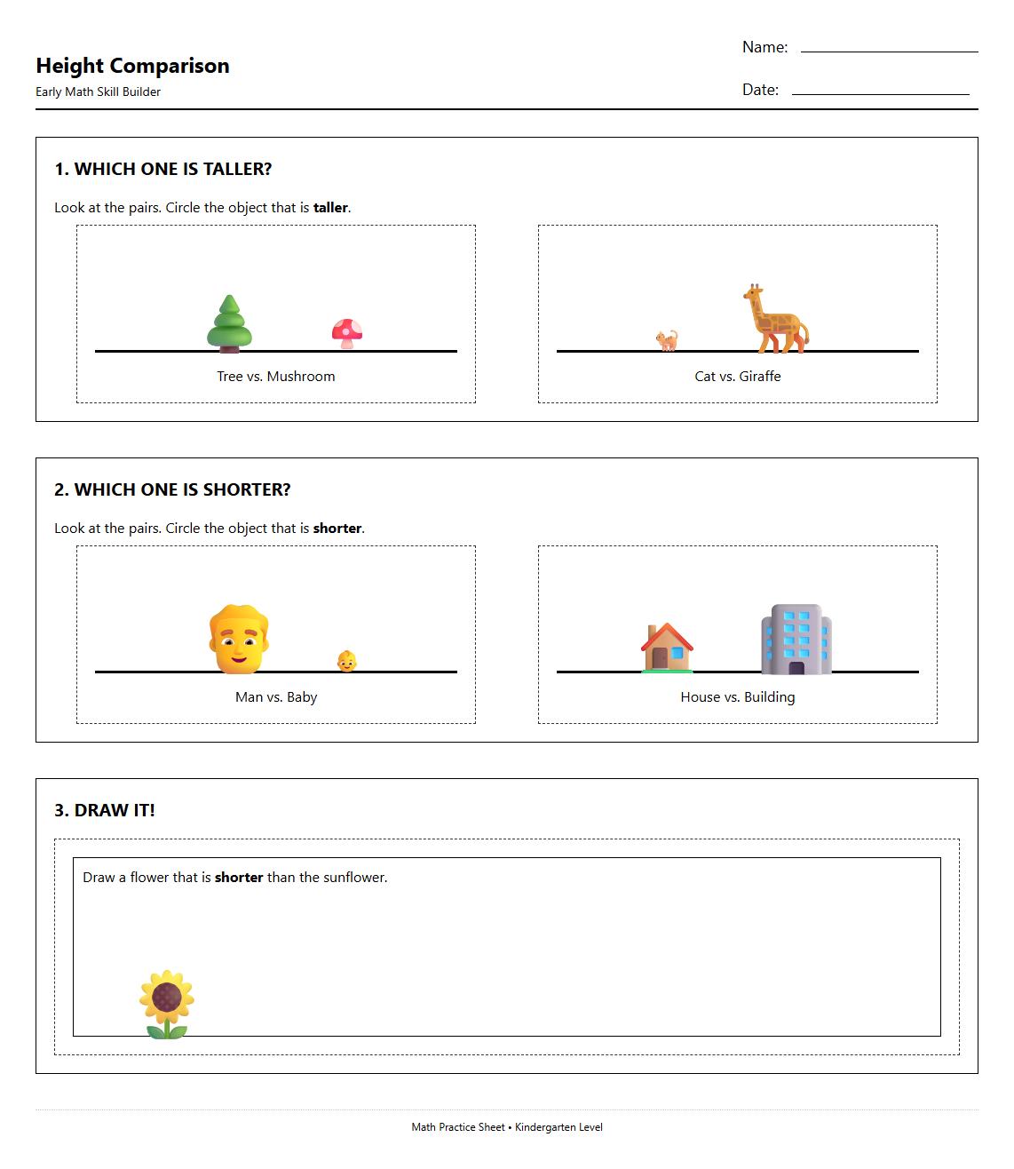 Early Math Skill Builder Sheet for Height Comparison