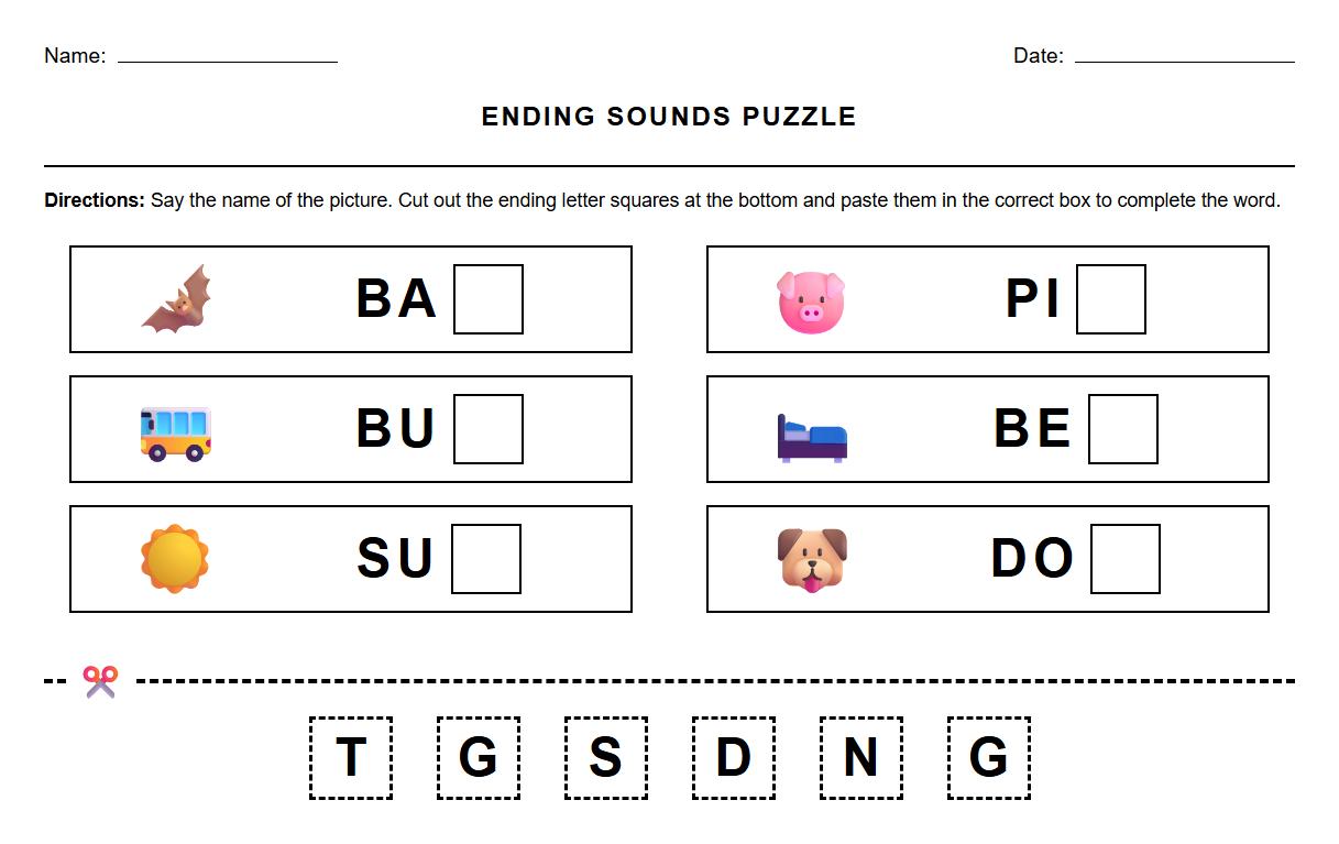 Ending Sounds Phonics Puzzle Assembly Worksheet for Kindergarten