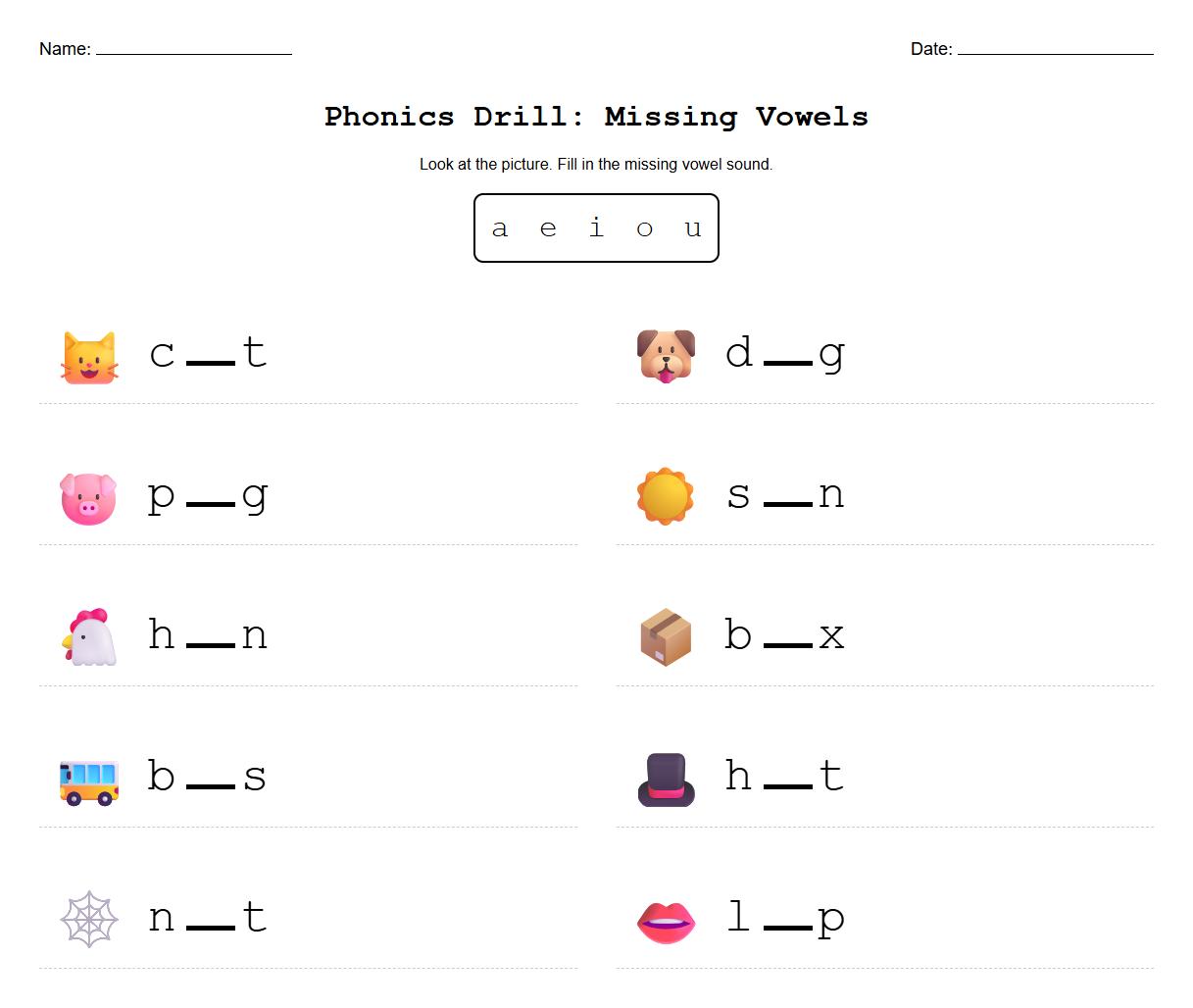 Fill in the Blank with Correct Vowel Sound Phonics Drill