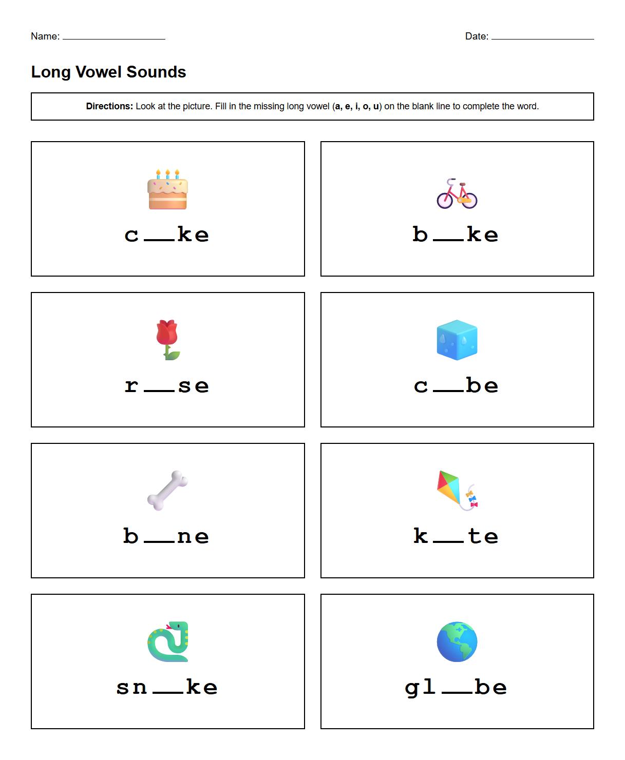 Fill in the Blank Long Vowel Missing Sound Worksheet