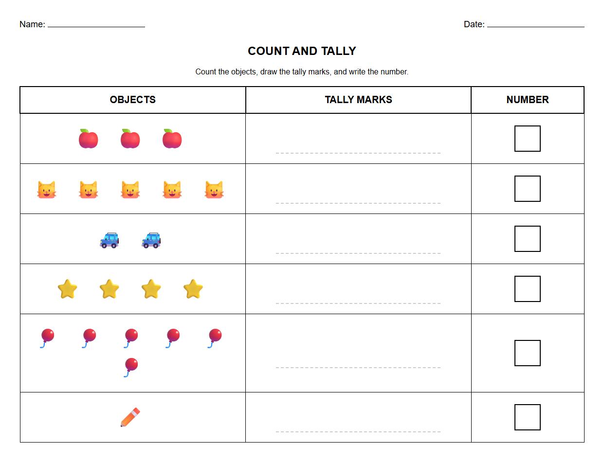 Fill in The Blank Tally Chart with Numbered Objects Worksheet