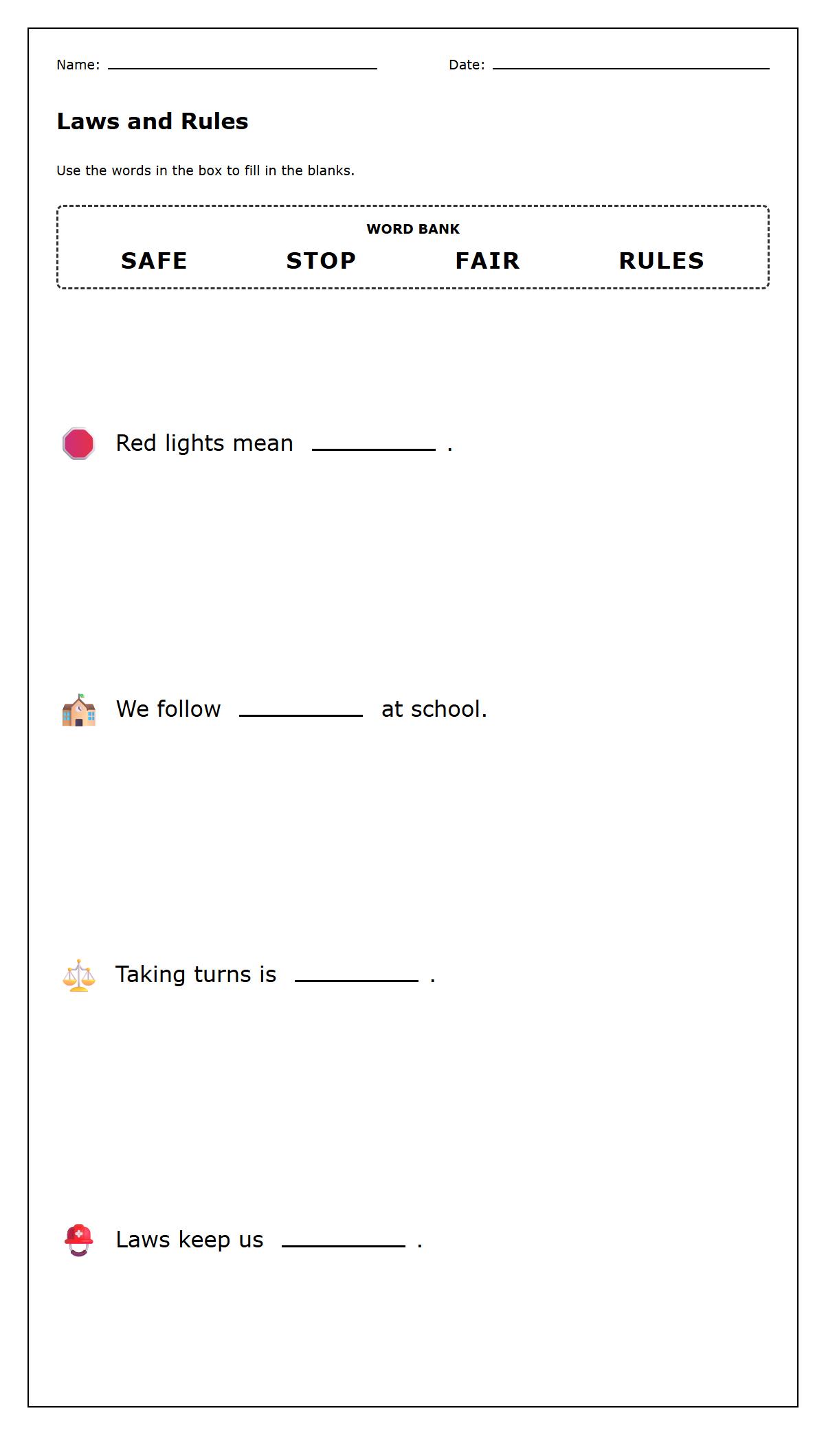 Fill in the Blank Worksheet Using Vocabulary about Laws and Rules