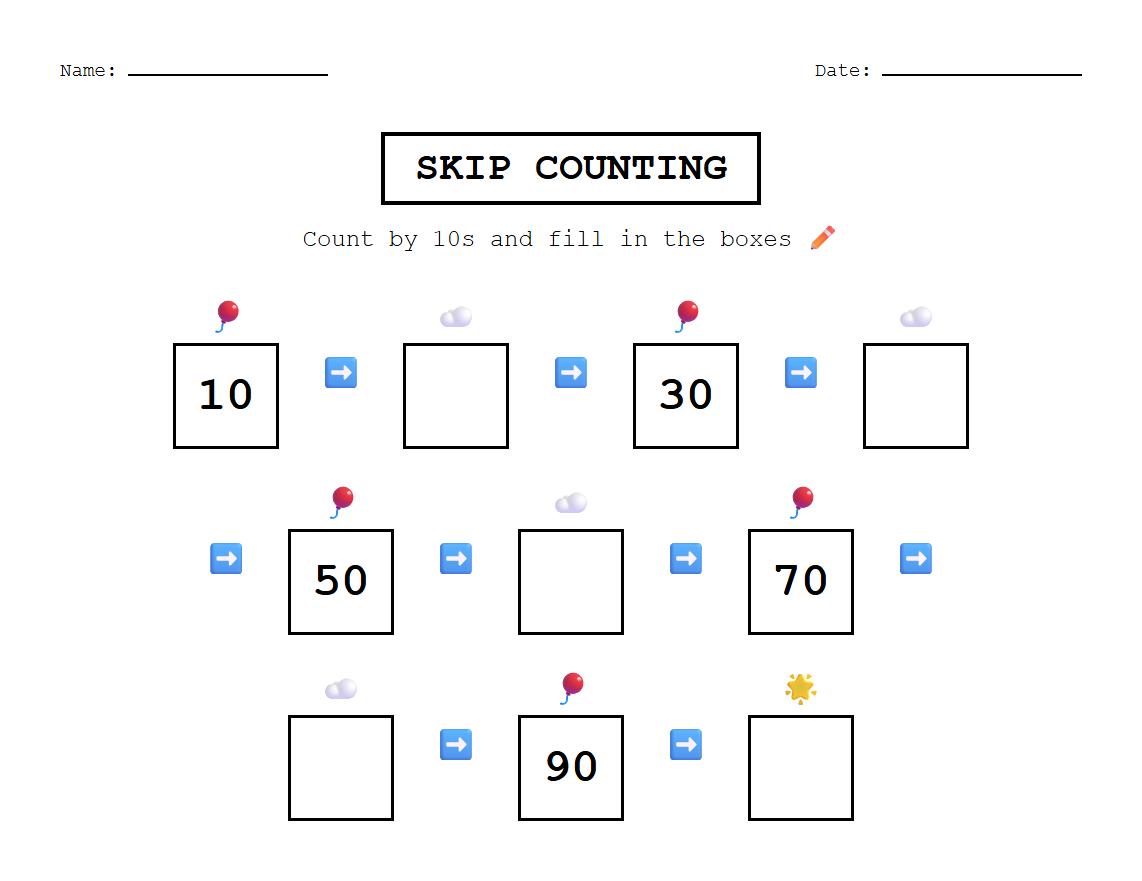 Fill in the Missing Numbers Skip Counting by 10s